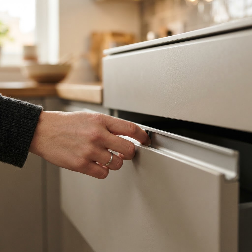Close-up of a true handleless kitchen in matt greige: a hand reaching into a slim recessed channel to pull open a drawer, showing the profile detail between the drawer fronts