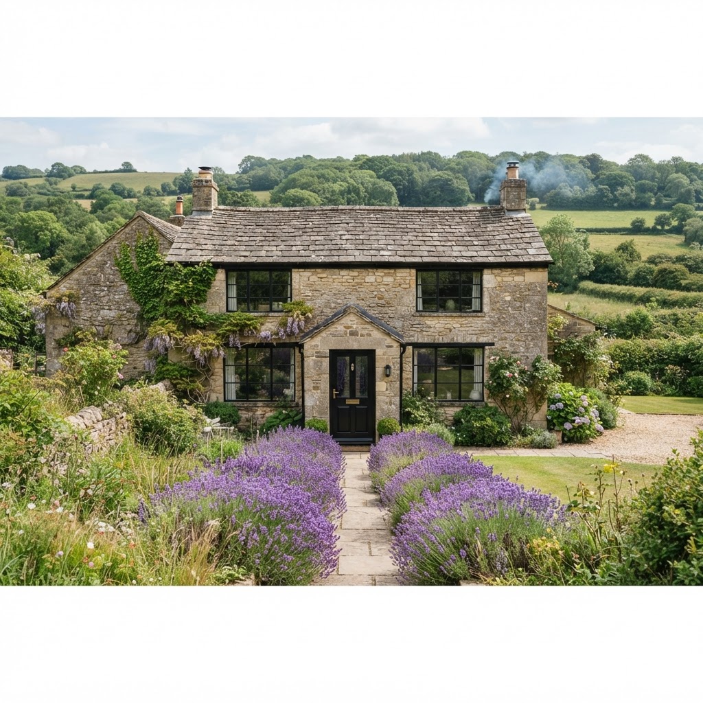 Natural stone cottage with slim black steel windows, a slate roof and a front garden full of lavender along a gravel path