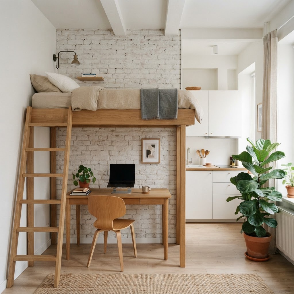 Adult loft bed in a small studio flat with a compact oak desk and chair underneath, a plant, a wall lamp and a minimal Scandinavian look