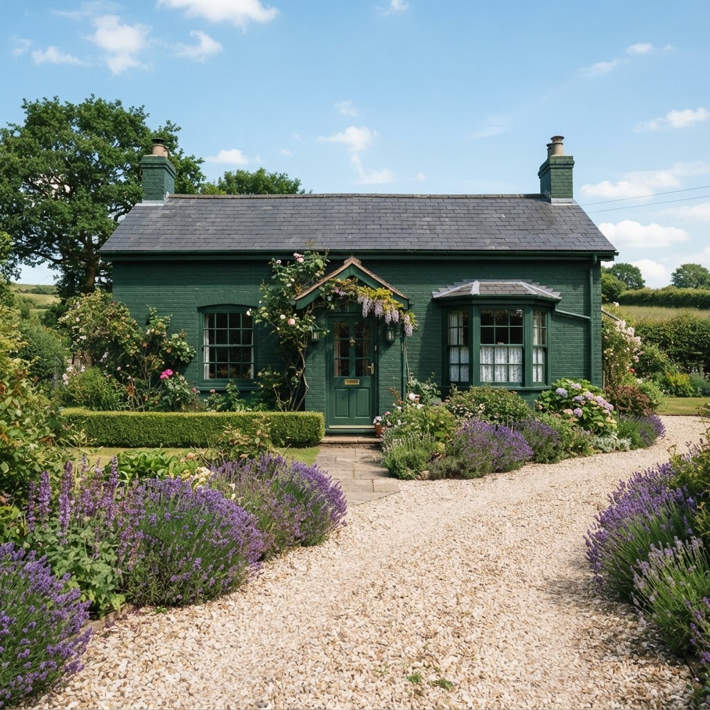 Cottage painted deep green with a matching green front door and window frames, a gravel path and lavender borders