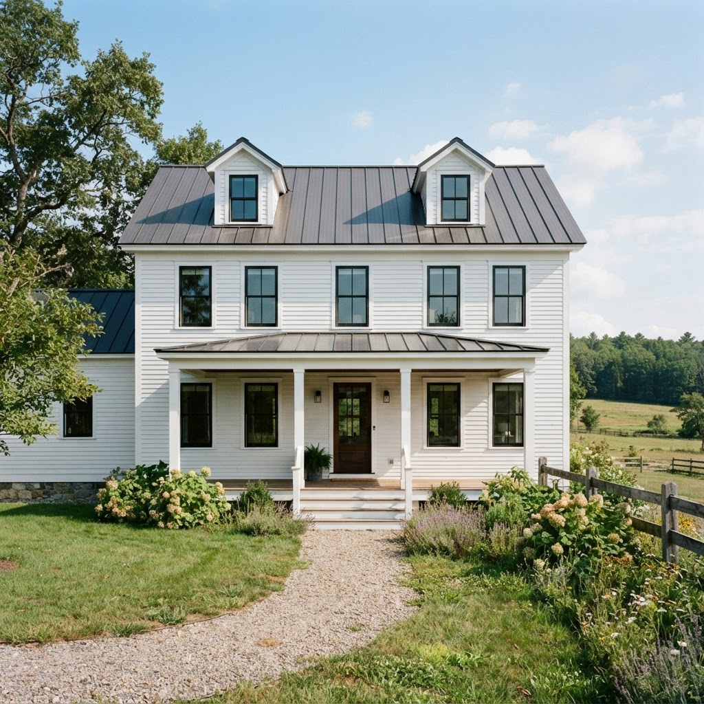 White farmhouse exterior with black window frames and a covered porch