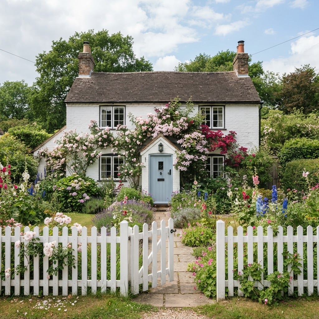 White painted brick cottage with a soft blue front door, climbing pink roses and a white picket fence and gate