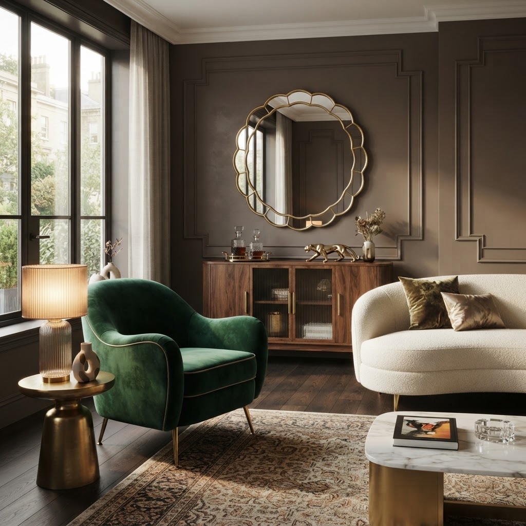 Modern living room with Art Deco touches: fluted glass, brass and a scalloped mirror