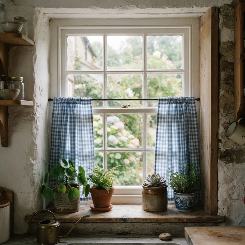 Cottage kitchen window with blue gingham curtains and potted plants