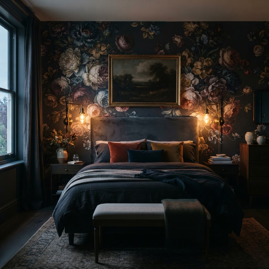 Dark moody bedroom with a large scale floral wallpaper on a deep charcoal background, velvet bedhead and warm brass lamps