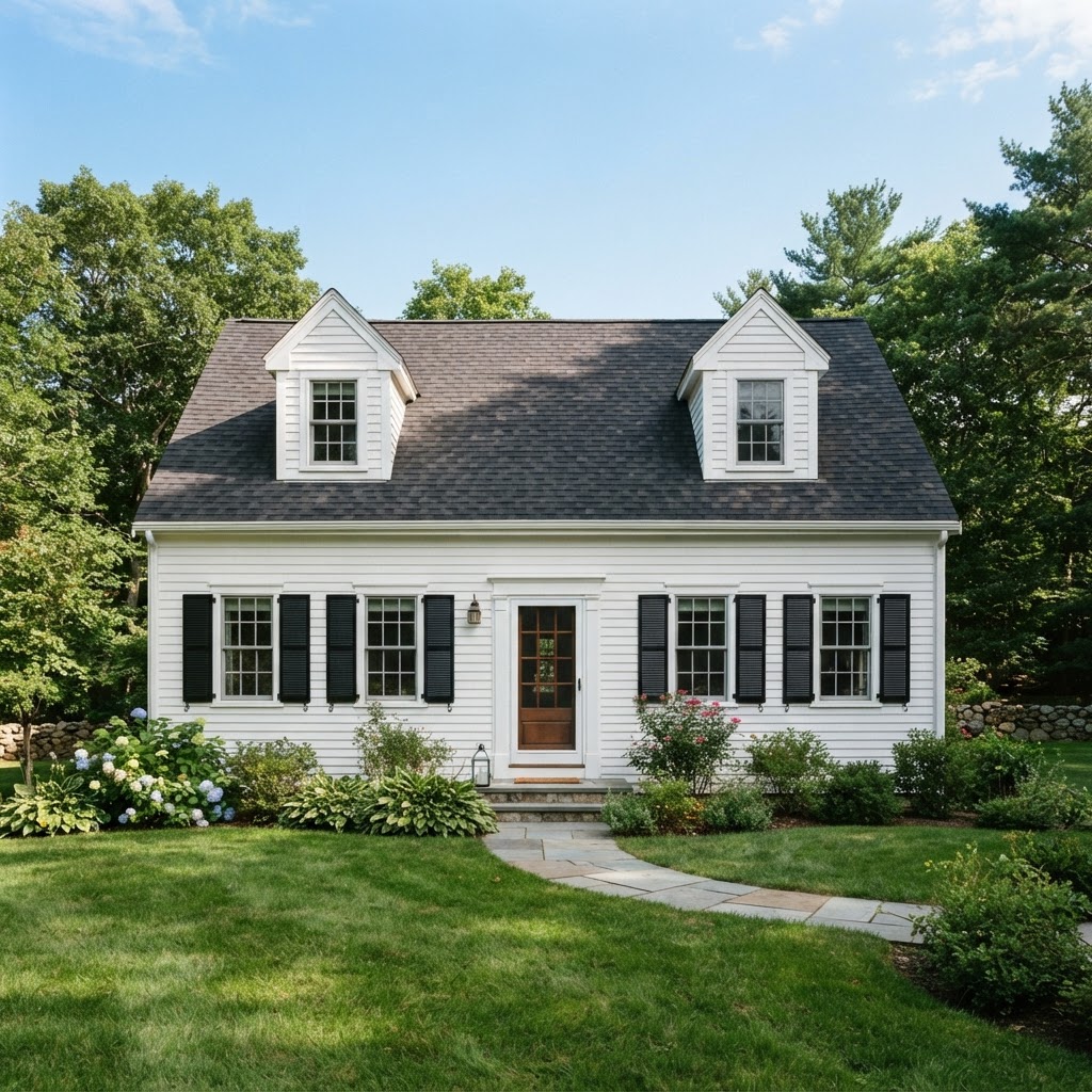 Small Cape Cod house with two dormers, white clapboard and black shutters