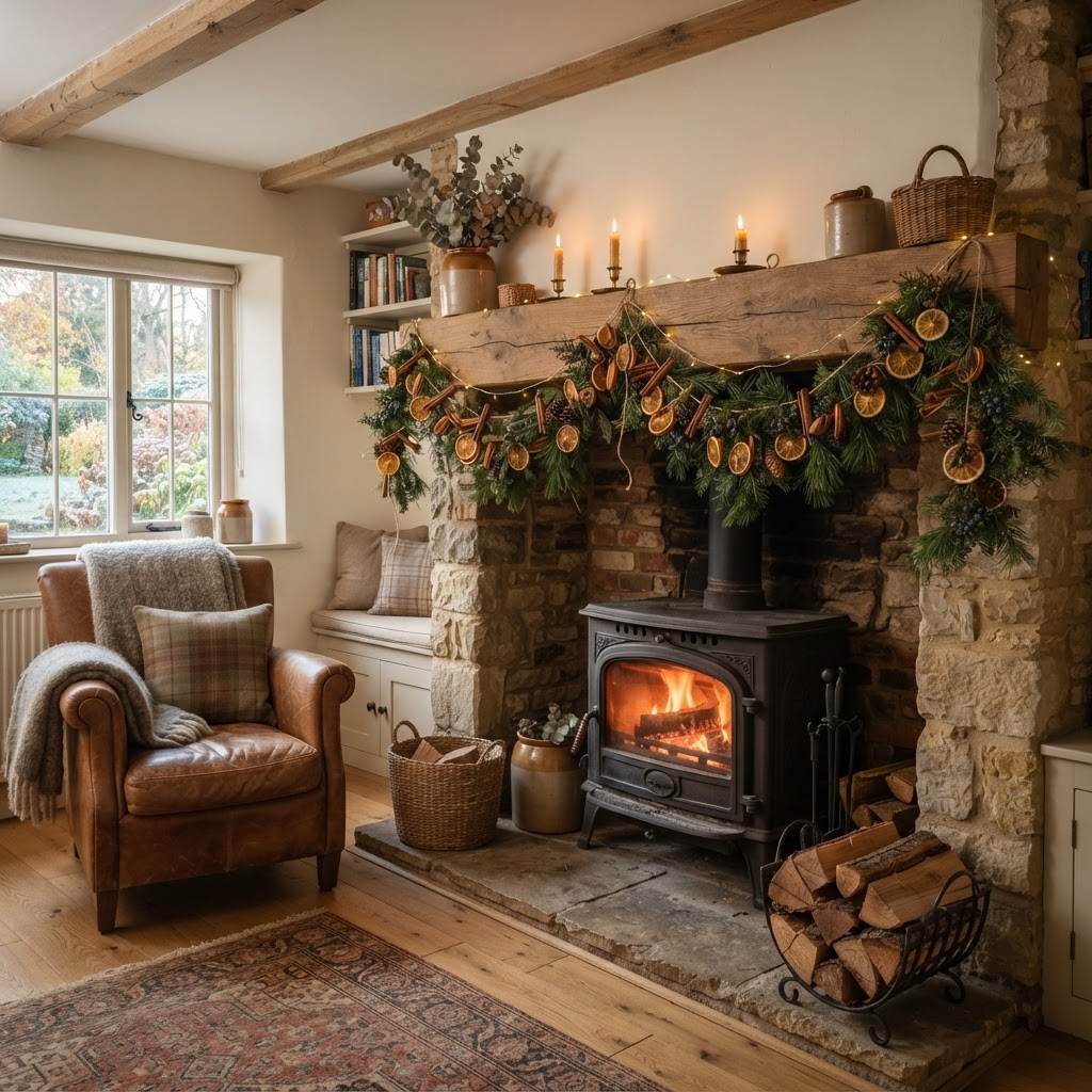 Rustic beam mantel decorated with a garland of dried orange slices, cinnamon sticks and pine in a cosy cottage living room with a wood burning stove