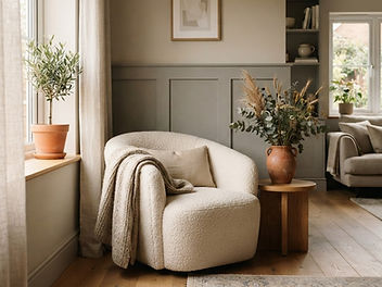 Calm living room with soft warm grey walls and grey panelling, a cream boucle armchair with a knitted throw, an oak side table and a terracotta vase of dried stems by the window