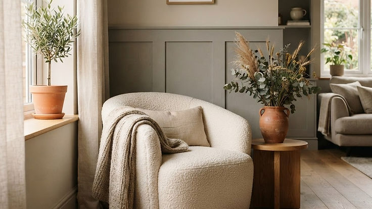 Calm living room with soft warm grey walls and grey panelling, a cream boucle armchair with a knitted throw, an oak side table and a terracotta vase of dried stems by the window