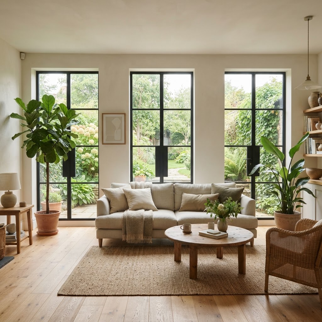 Bright living room with tall black-framed windows overlooking a garden, a linen sofa, a wooden coffee table, a jute rug and plants