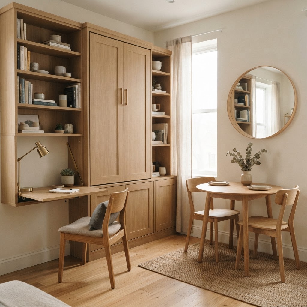 Small studio apartment corner with a wall bed folded into a built-in oak cabinet with shelves either side, a fold-down wall desk with a lamp, a round dining table with two chairs and a large round mirror