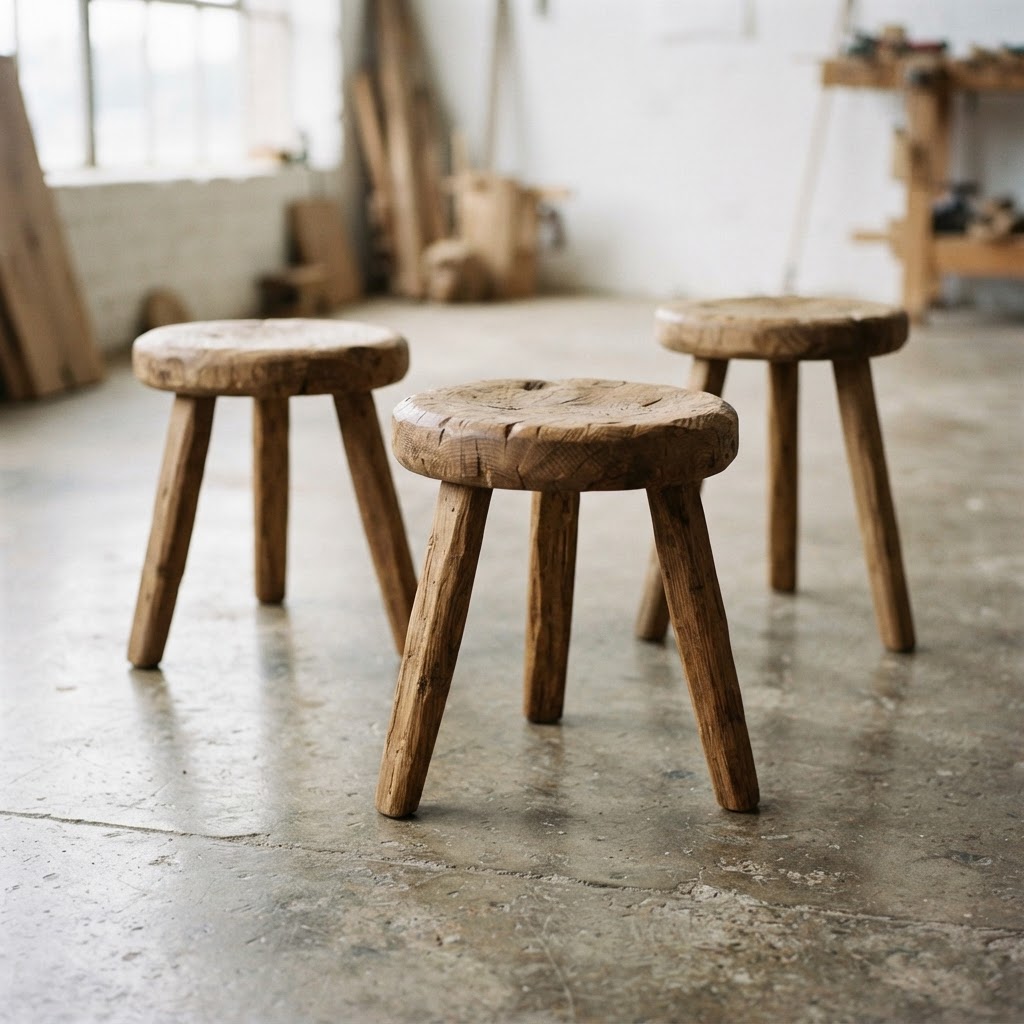 Three small hand-carved wooden stools with rough tool marks on a concrete floor