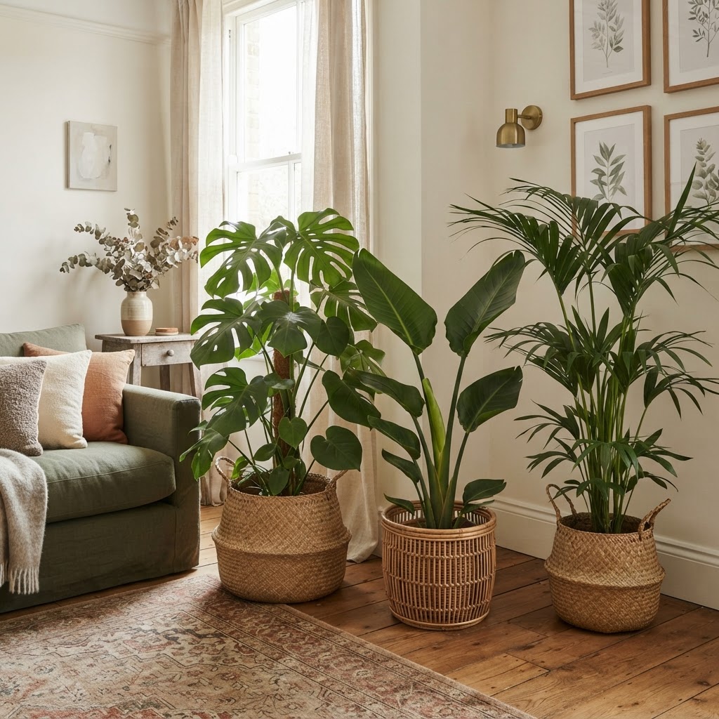 Corner of a living room filled with a monstera, bird of paradise and kentia palm in woven baskets