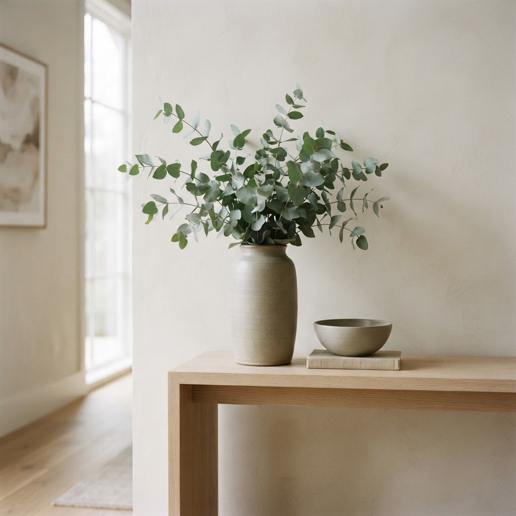 Silver green eucalyptus stems in a tall stoneware vase on a console table