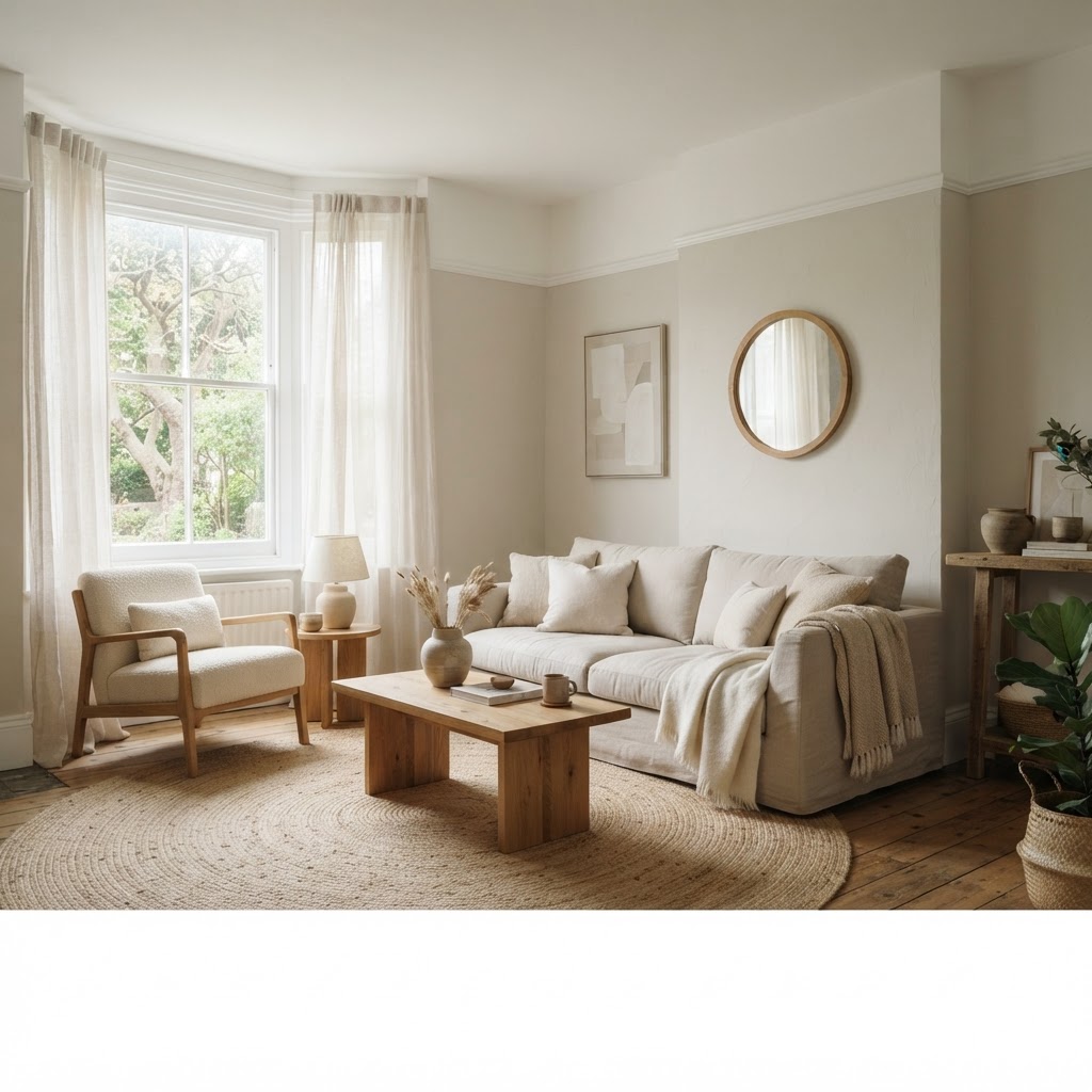 Calm living room with warm greige off-white walls, crisp bright white skirting and window trim, a linen sofa, an oak coffee table, a jute rug and a large window