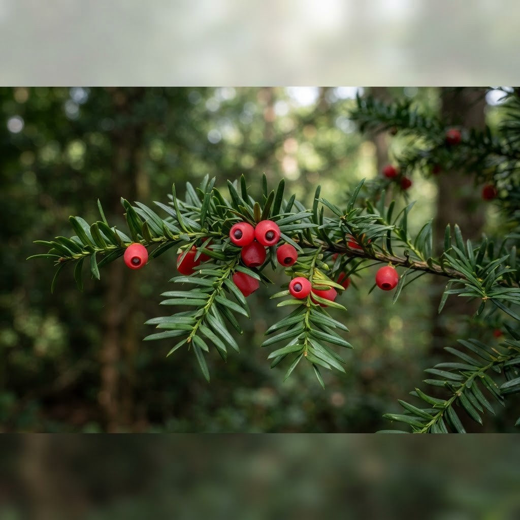 Close-up of a yew branch with flat dark green needles and red fleshy cups around the seeds