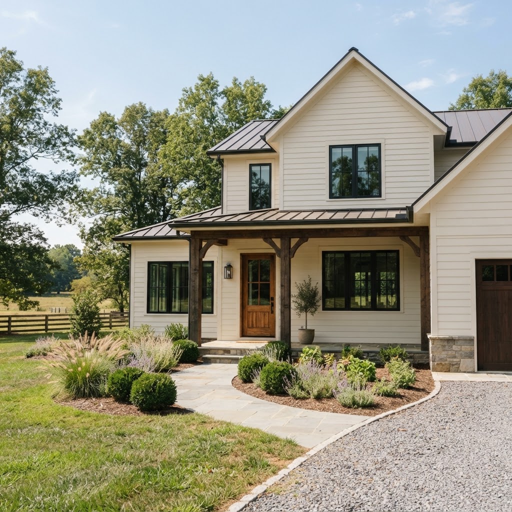 Modern farmhouse exterior painted a creamy warm white with black window frames, a black roof and a natural wood front door