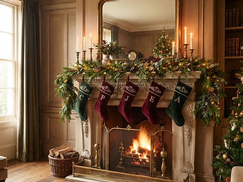 Classic Christmas mantelpiece with a lush garland, candles in brass candlesticks, velvet stockings and a lit fire in a period living room