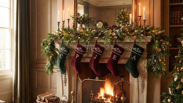 Classic Christmas mantelpiece with a lush garland, candles in brass candlesticks, velvet stockings and a lit fire in a period living room