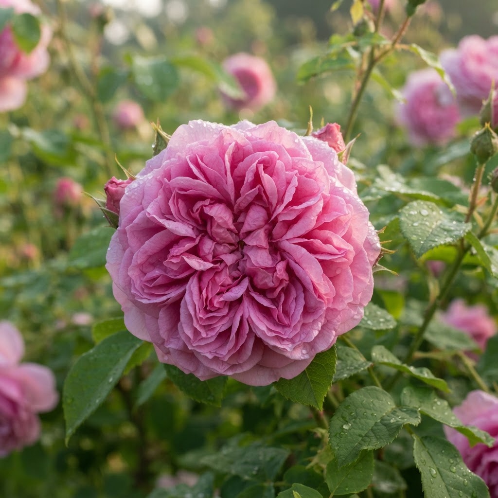 Close-up of a fully open fragrant pink old rose with many petals in morning light
