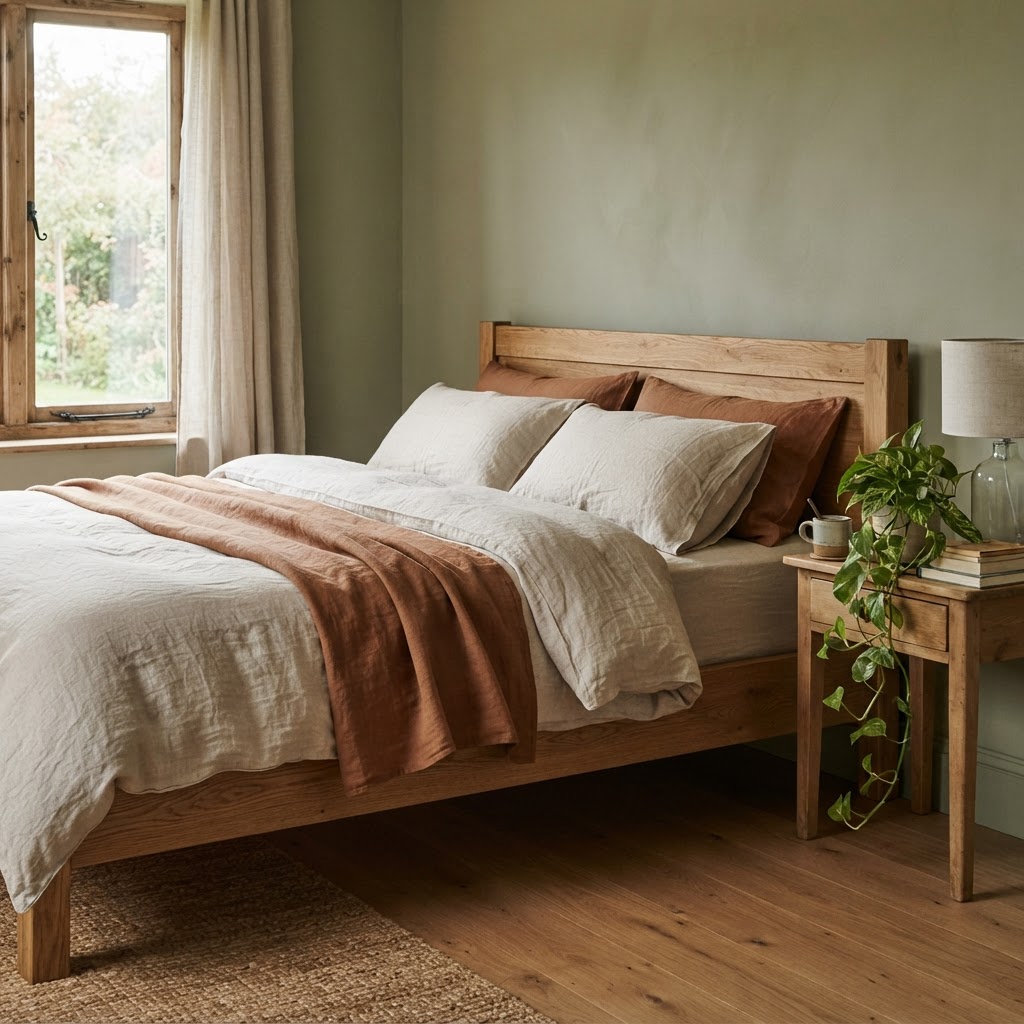 Sage green bedroom with painted walls, layered oatmeal and rust linen bedding, a natural wood bed and a trailing plant on a bedside table