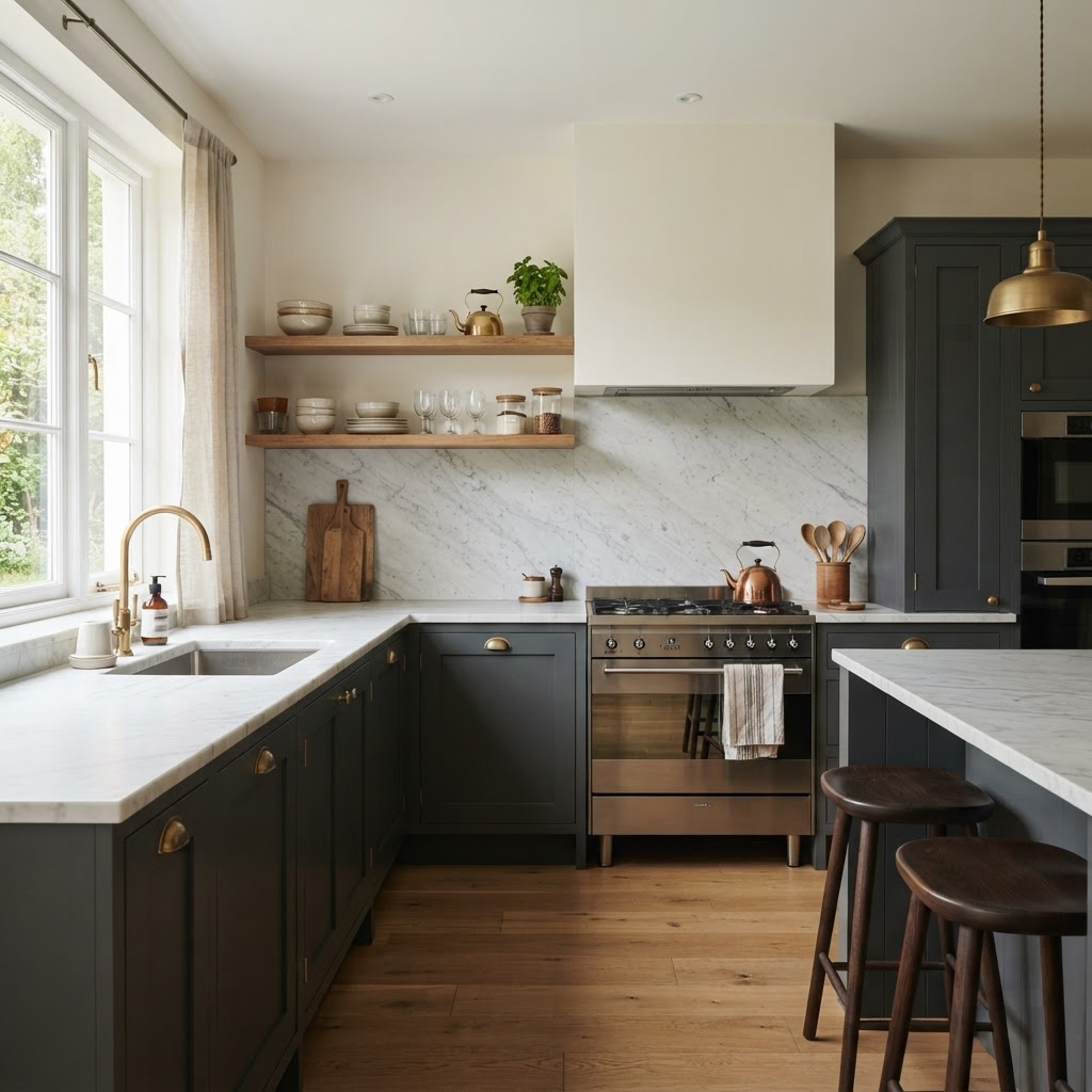 Kitchen with deep graphite gray shaker cabinets, a white marble worktop and backsplash, oak open shelves, a range cooker and dark wooden stools