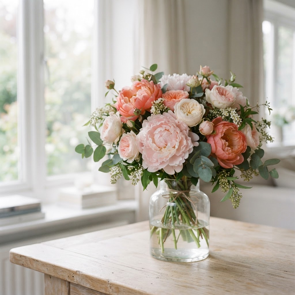 Hand-tied bouquet of fully open blush and coral peonies with garden roses and eucalyptus in a clear glass vase on a pale oak table by a window