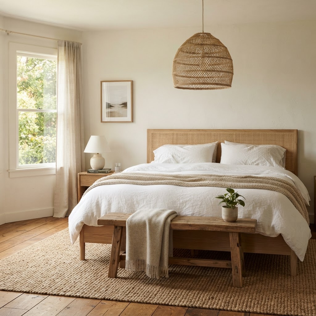 Calm bedroom with creamy white walls, white linen bedding, a rattan pendant light, a wooden bench at the foot of the bed and a jute rug