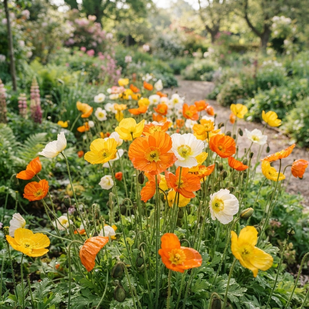 Bright orange, yellow and white Iceland poppies with crinkled petals in a garden
