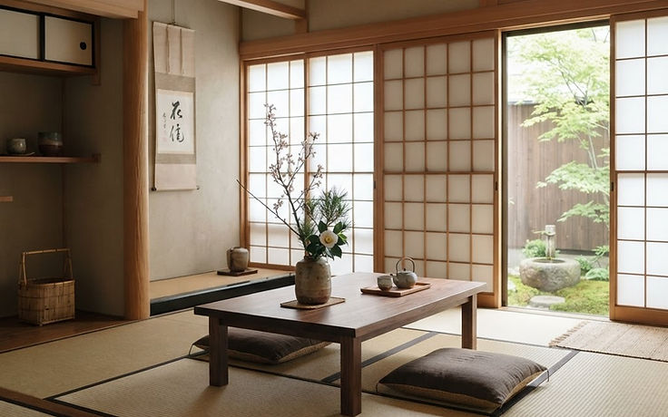 Traditional Japanese washitsu room with tatami mats, a low wooden table and floor cushions, shoji screens open onto a small garden