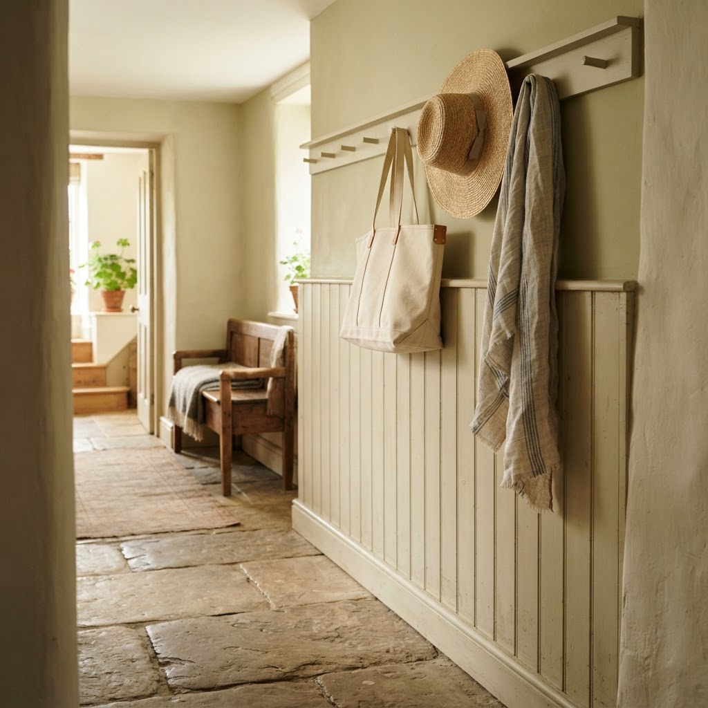 Cottage hallway with a Shaker peg rail holding a straw hat, a tote bag and a scarf above panelling