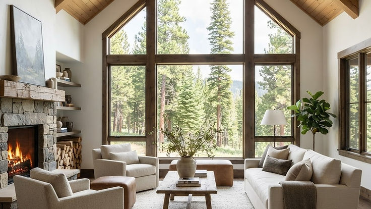 Vaulted living room with a large triangular gable window wall looking out to a pine forest