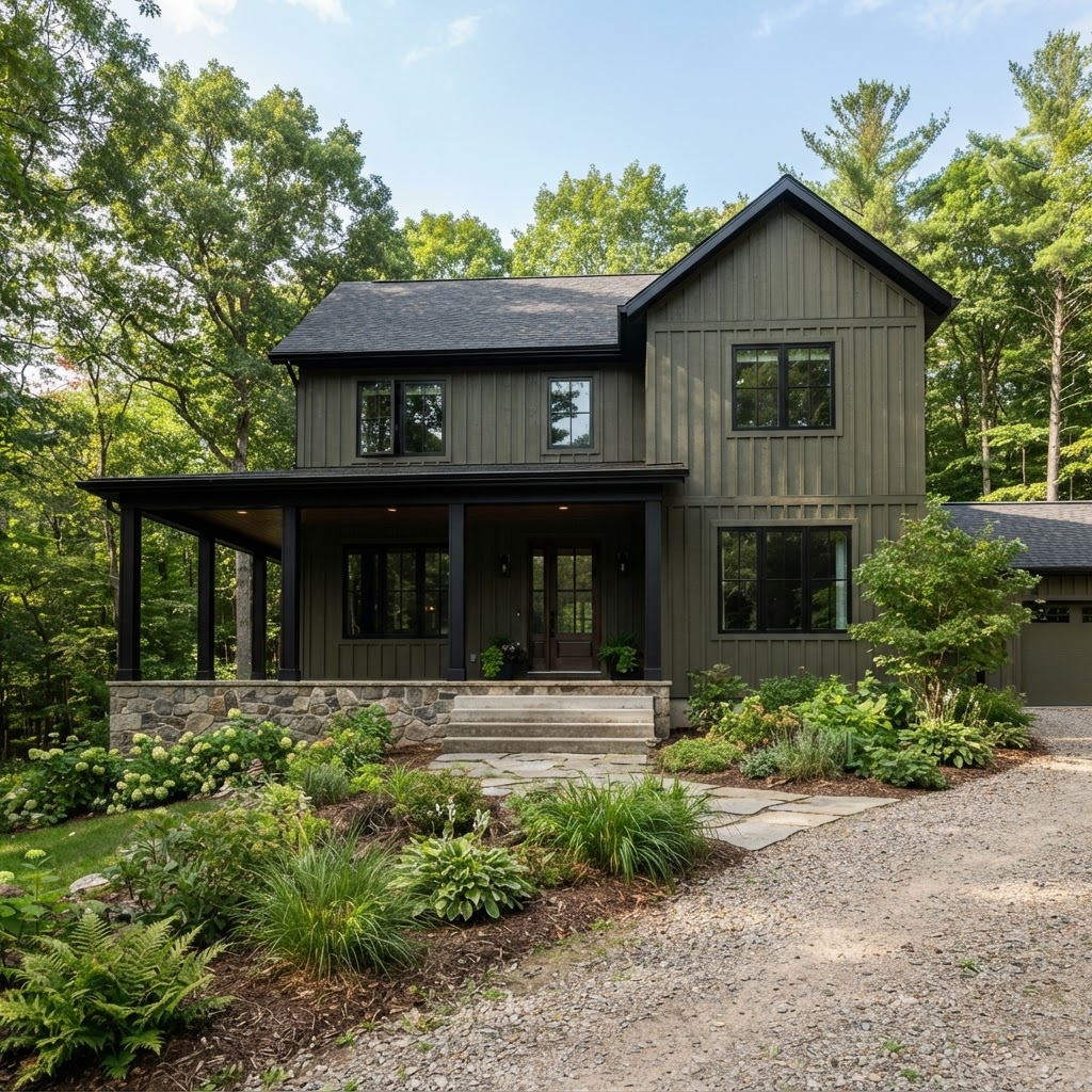 Two-storey dark olive green board and batten house with black windows and black fascia, a covered porch with black posts, a stone foundation and a gravel drive among trees