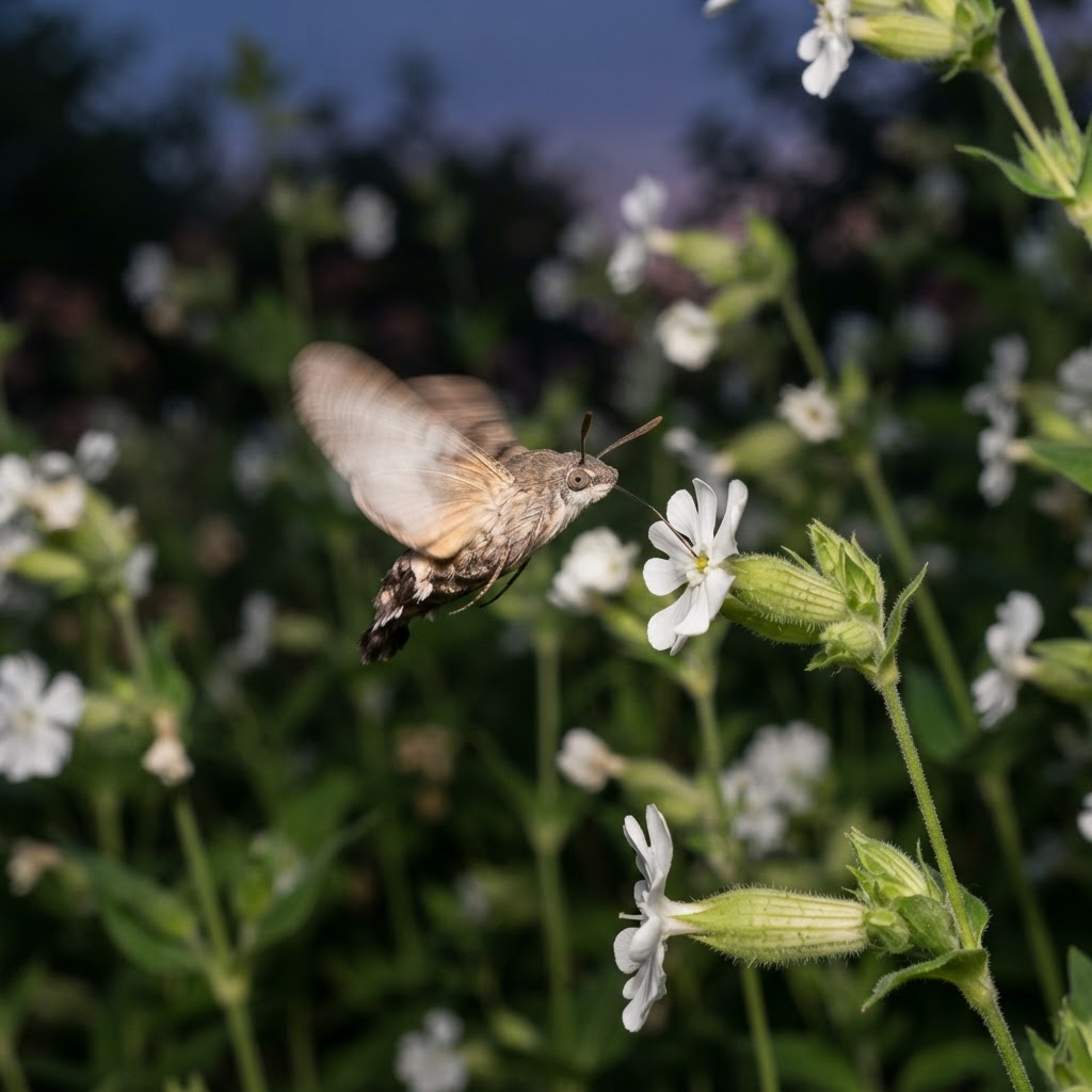 Hawk moth hovering to feed on a white tubular flower at dusk