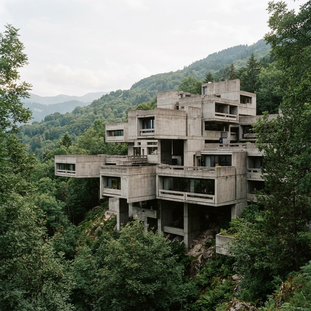 Brutalist building of stacked interlocking concrete blocks cantilevered over a wooded hillside
