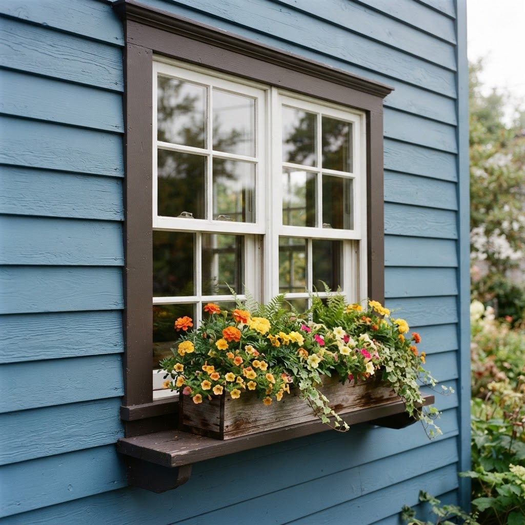 Close-up of a white sash window in mid-blue clapboard siding with dark brown painted trim and sill and a wooden window box overflowing with orange, yellow and red flowers