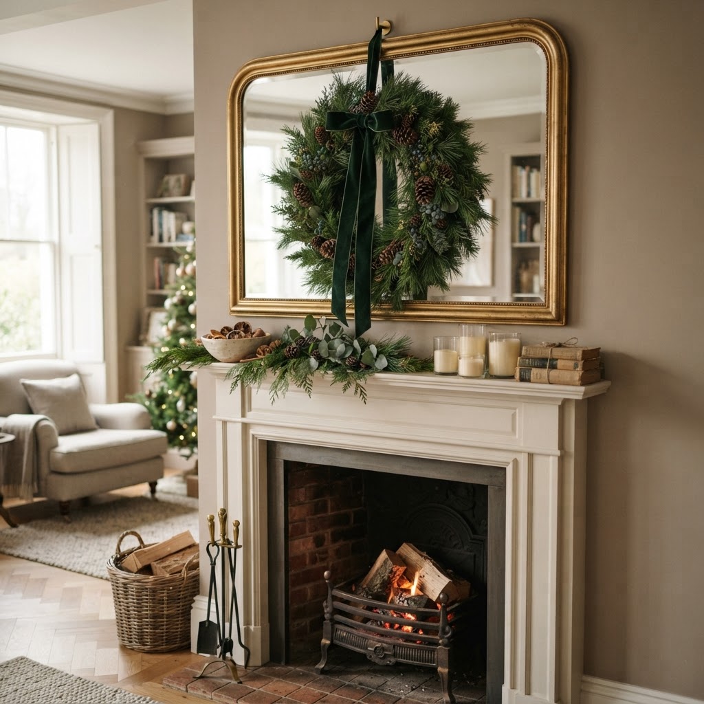 Round fresh pine wreath with a velvet ribbon hung on a large mirror above a fireplace mantel with simple greenery on the shelf below