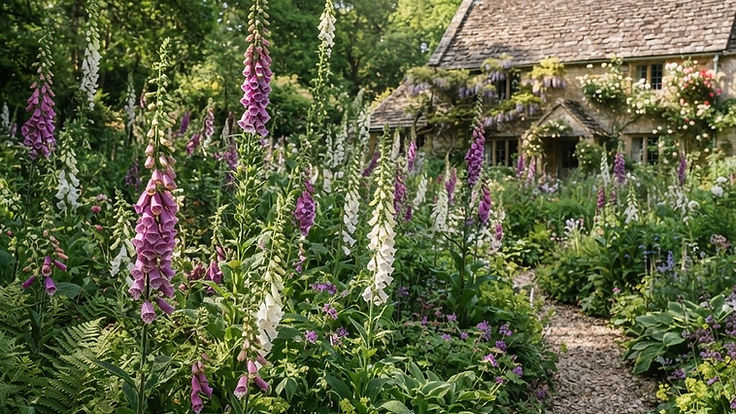 Tall purple and white foxgloves flowering at the edge of a woodland cottage garden in early summer