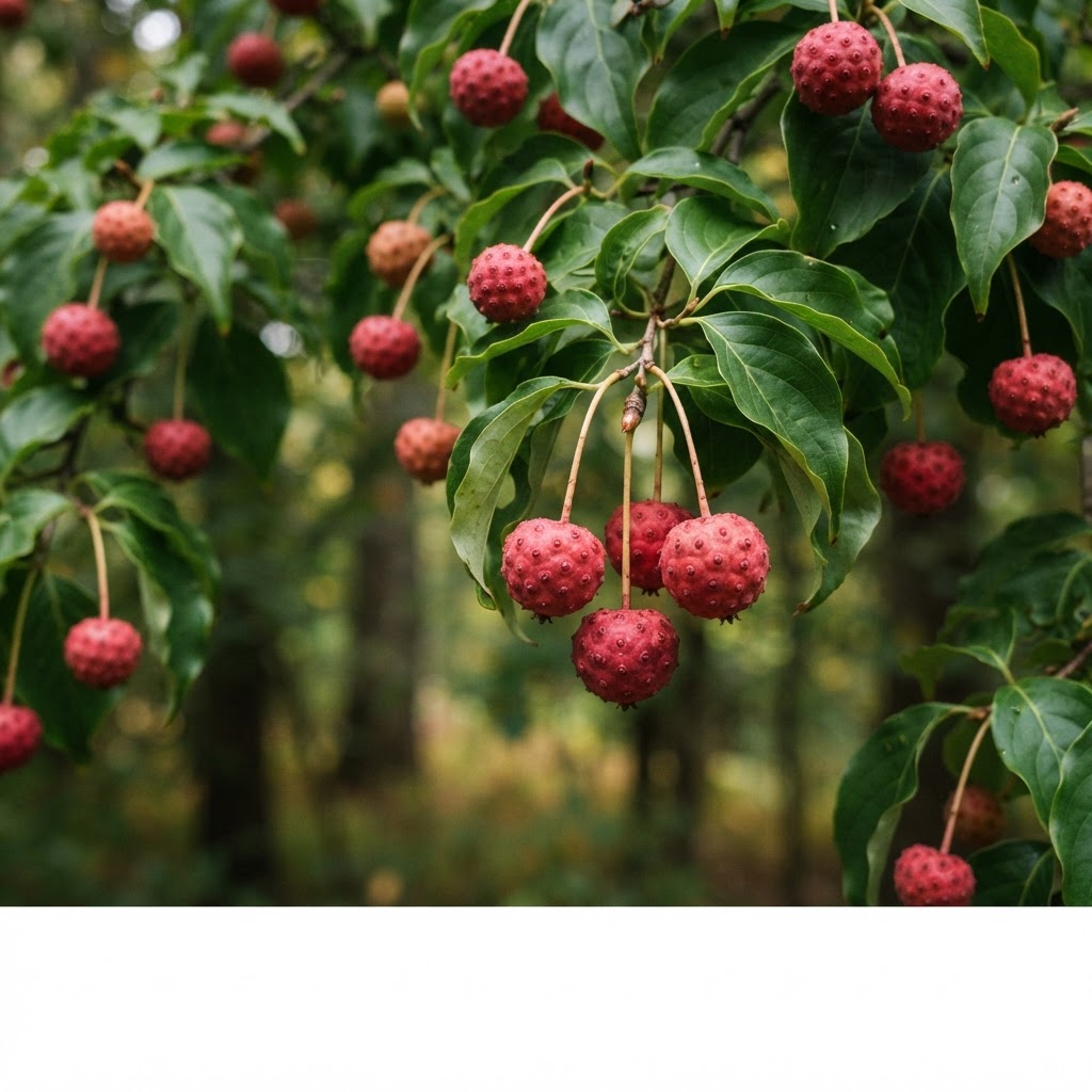 Kousa dogwood fruits, round raspberry-like red berries hanging among green leaves