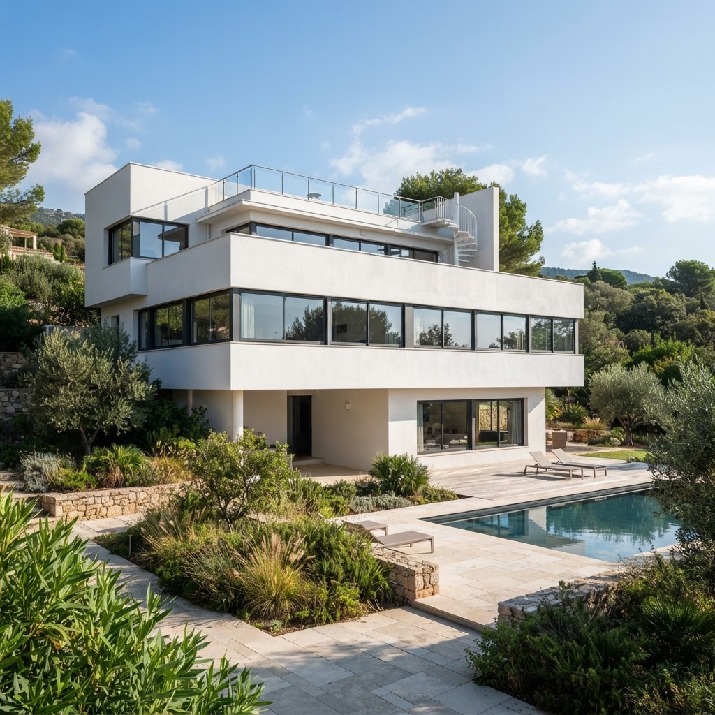 White International Style modernist villa with ribbon windows and a roof terrace