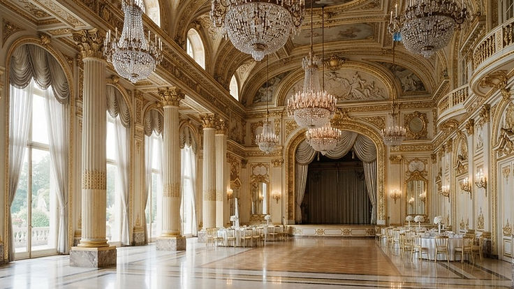 Grand gilded ballroom with crystal chandeliers, ornate painted ceilings, tall arched windows and a polished marble floor