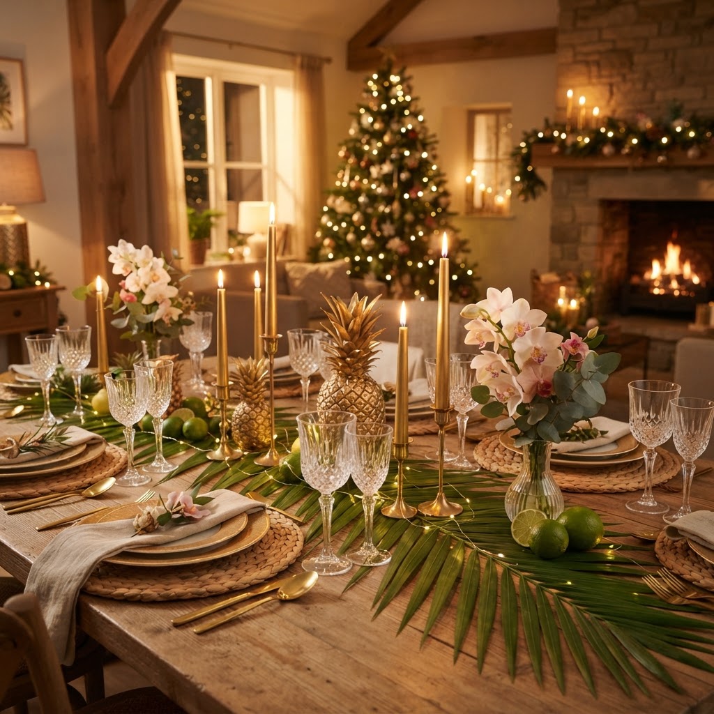 Christmas dinner table with a palm leaf runner, gold candles, pineapples, limes and small vases of orchids