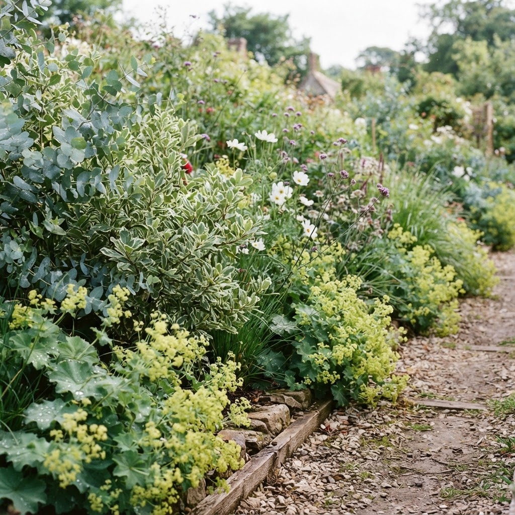 Garden border of pittosporum, eucalyptus and lady's mantle grown for cutting