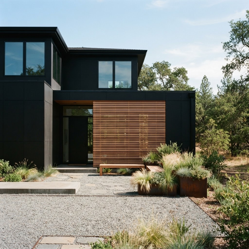 Black modern house with a horizontal slatted cedar privacy screen beside the entrance, a cedar bench, planters of grasses and a gravel forecourt