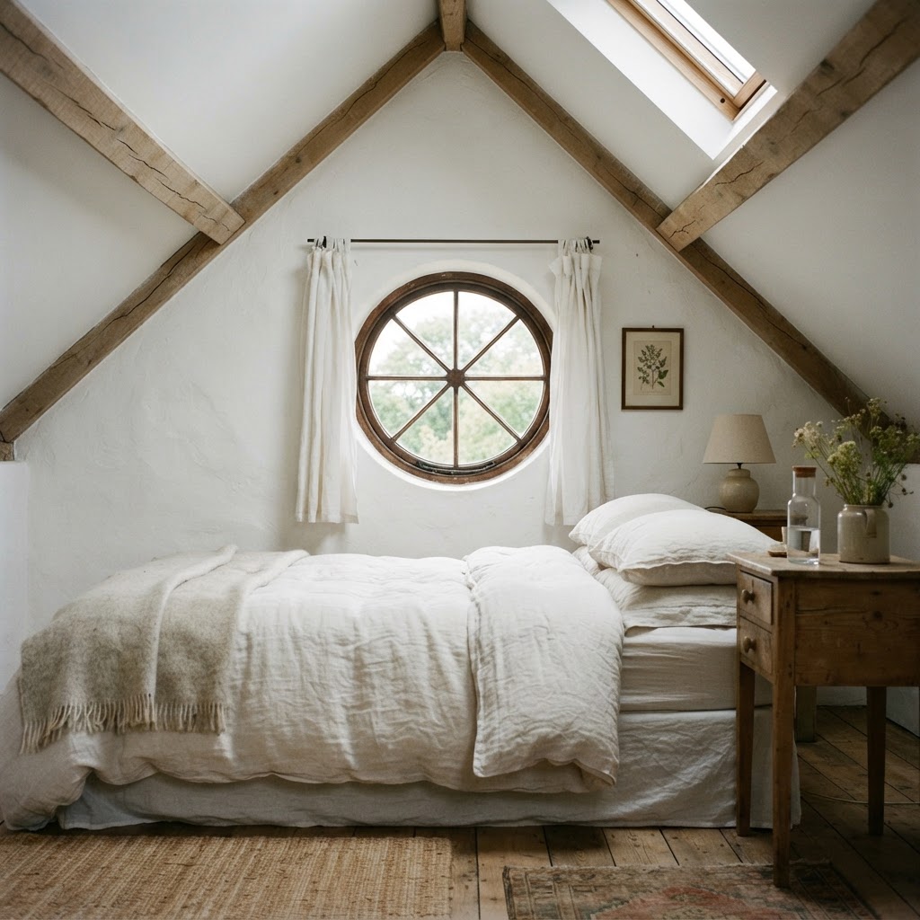 Round attic window with radiating glazing bars in a sloped-ceiling bedroom