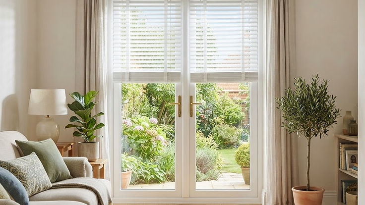 Bright living room with white French doors fitted with white wooden slat blinds, opening onto a garden