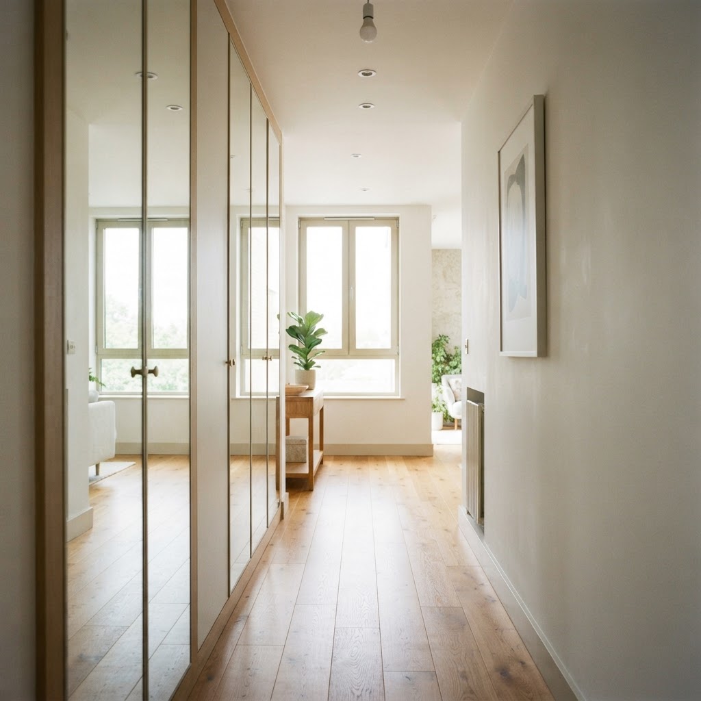 Narrow hallway with mirrored built-in cupboard doors reflecting light from the windows