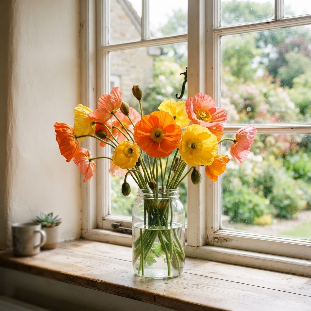 Cut Iceland poppies in orange, yellow and pink in a glass jar on a kitchen windowsill