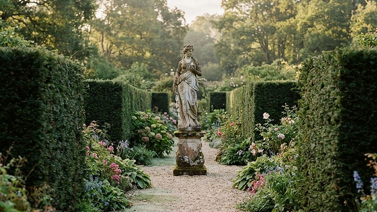 Weathered classical stone statue at the end of a long gravel path framed by clipped yew hedges in an English garden
