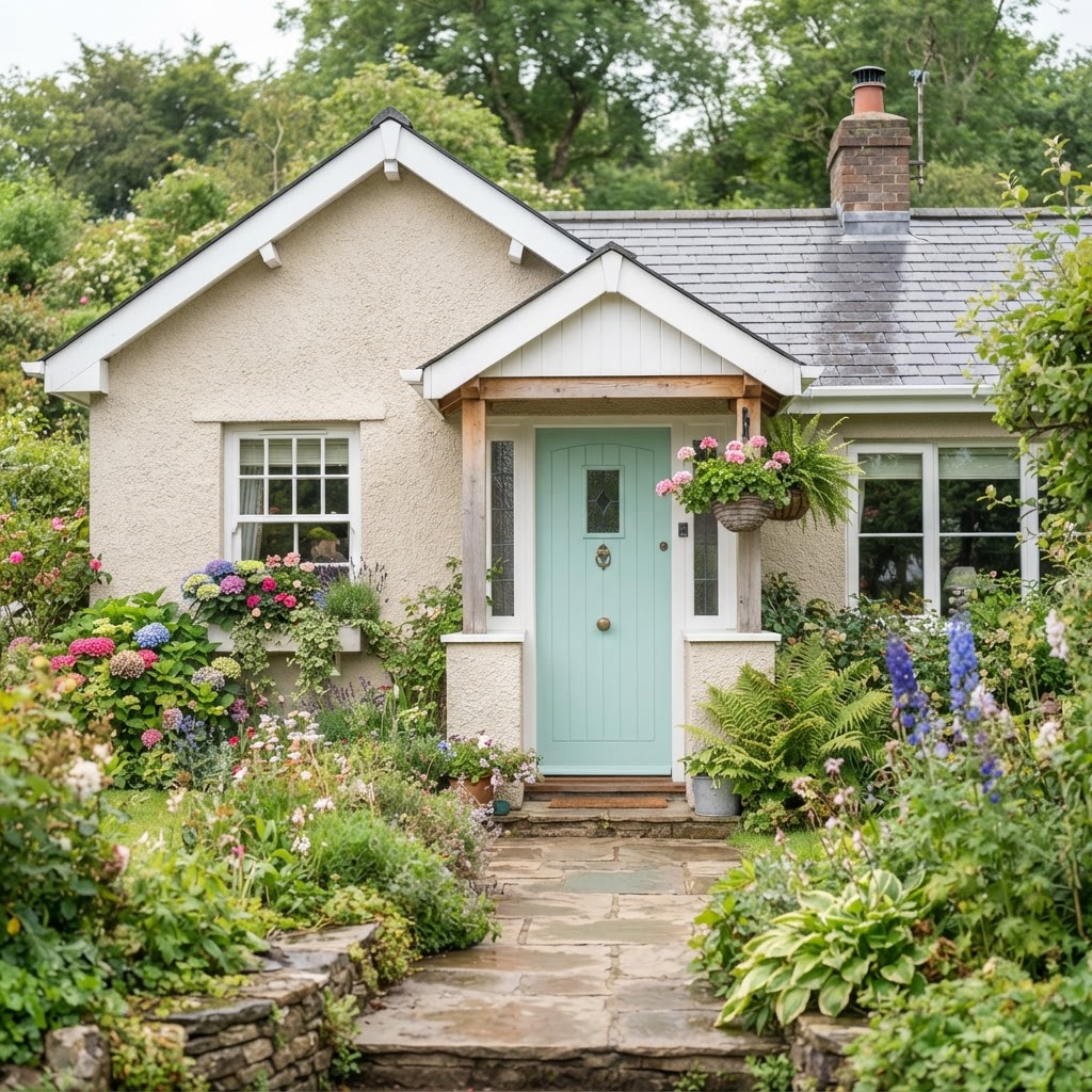 Soft aqua front door on a light beige cottage with white trim and flowers